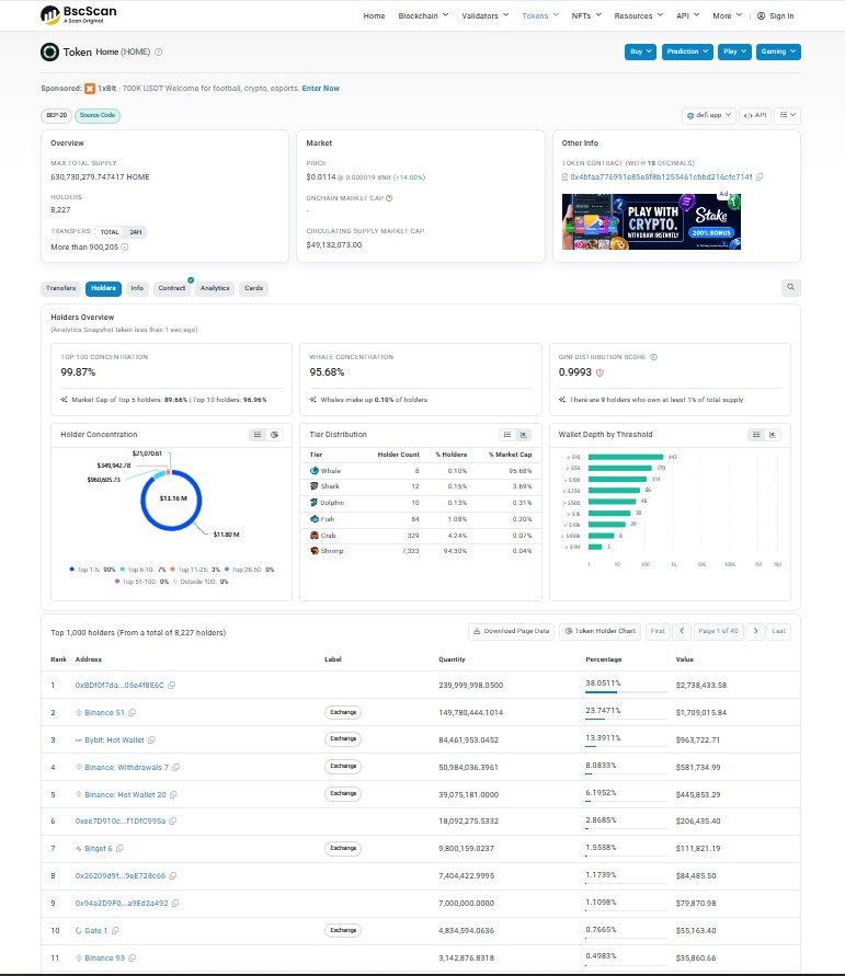 DeFi 앱 가격 전망: $HOME 가격이 오늘 상승하는 이유는 무엇일까요? 3 HOME Whale Concentration
